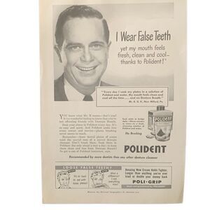 Vintage 1950 Polident Poli Grip False Teeth Ad Advertisement